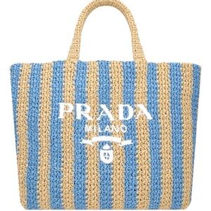 LARGE AUTH PRADE RAFIA TOTE IN BLUE!! NWOT has DUSTBAG and receipt. RARE color.